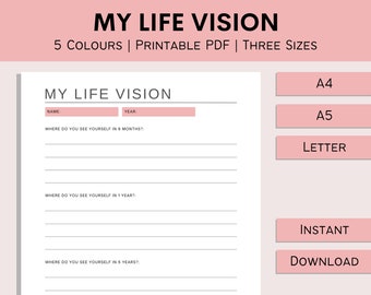 Planificador de visión de mi vida / Plan de metas futuras / Vida de ensueño / Objetivos de vida minimalistas / Rastreador de metas de 10 años / PDF / A4 / A5 / Carta