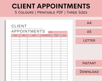Client Appointments | Printable Appointment Tracker | Meeting Log | Daily Appointments | Nail Tech | Hairdresser | PDF | A4 | A5 | Letter