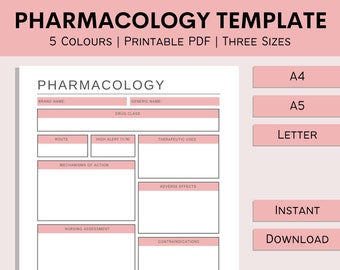 Nursing Pharmacology Template | Student Study Resources | Pharmacologist Note Taking | Printable Medical Notes | PDF | A4 | A5 | Letter