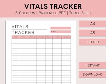 Vitals Tracker | Printable Vitals Log | Health And Fitness Planner | Blood Pressure Tracker | Pulse Chart | PDF | A4 | A5 | Letter