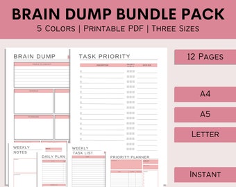 May include: Printable brain dump bundle pack with 12 pages in A4, A5, and Letter sizes. The pack includes a brain dump page, task priority list, weekly notes, daily plan, weekly task list, and priority planner. The pages are designed with a pink and gray color scheme.