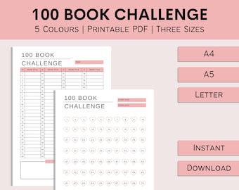 100 Book Challenge | Reading Tracker | Book Counter | What To Read Printable | Favorite Books List | Book List | PDF | A4 | A5 | Letter