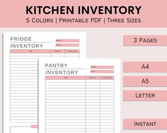 Inventário de cozinha, rastreador de alimentos para impressão, organização doméstica, geladeira despensa, inventário de freezer, lista de itens, PDF, A4, A5, carta