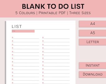 To Do List | Printable Blank List | Simple Daily Planner | Basic Checklist | Office List Template | Student List | PDF | A4 | A5 | Letter
