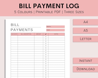 Bill Payment Log | Checklist | Finance Tracker | Bill Planner | Financial Organiser | Printable Bill Payments | PDF | A4 | A5 | A6 | Letter