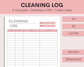 Registro de limpeza, rastreador diário, manutenção para impressão, organizador de limpeza doméstica, registro de limpeza de trabalho, PDF, A4, A5, carta