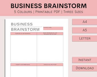 Business Brainstorm Sheet | Small Business Planner | Start Up Overview | Entrepreneur Planner | Home Business | PDF | A4 | A5 | Letter