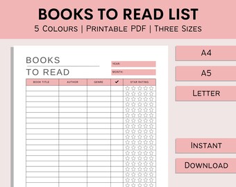 Books To Read List | Book Tracker | Printable Book Chart | Books To Read Sheet | What To Read Log | PDF | A4 | A5 | Letter