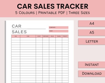 Car Sales Tracker | Printable Vehicle Profit Log | Car Salesman Sheet | Sales Progress | Small Business Resources | PDF | A4 | A5 | Letter