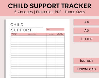Könnte beinhalten: Ein druckbarer Kindergeld-Tracker in Rosa und Weiß mit Spalten für das voraussichtliche Datum, die Beschreibung, den Betrag und das tatsächliche Datum der Zahlung. Der Tracker ist in drei Größen erhältlich: A4, A5 und Letter.