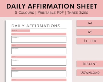 Daily Affirmations Sheet | Printable Positive Quotes | Inspirational Quote Tracker | Gratitude Journal | PDF | A4 | A5 | Letter