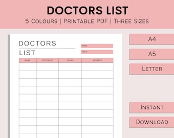 Doctor Contact List | Printable Medical Information | Healthcare Details Sheet | Medical Specialist Info | PDF | A4 | A5 | Letter