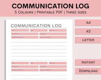 Communication Log | Printable Conversation Record | Team Call | Important Meeting Notes | Teacher Communication | PDF | A4 | A5 | Letter