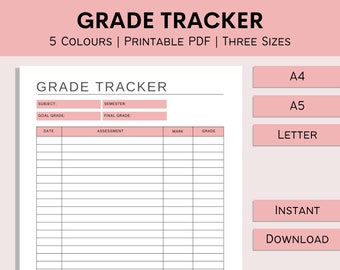 Grade Tracker | Druckbares Zuordnungs-Log | Notenblatt | College Universitätsplaner | Schulorganizer | PDF | A4 | A5 | Buchstabe