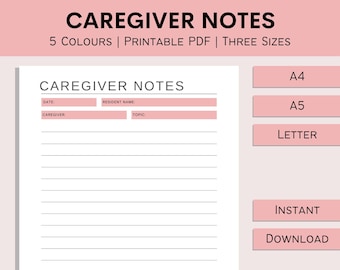 Caregiver Notes Sheet | Printable Elderly Care | Home Health Care Notes | Caregiver Log | Caregiving Template | PDF | A4 | A5 | Letter