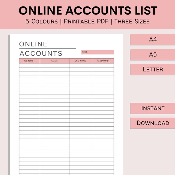 Online Account List | Printable Password Tracker | Accounts | Password Keeper | Login Track | Digital Password Log | PDF | A4 | A5 | Letter
