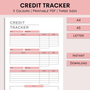 Credit Tracker | Printable Student Credit Log | College Class Track | Credit Point And Grade Sheet | School Prep | PDF | A4 | A5 | Letter