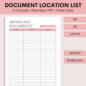 May include: Printable document location list with columns for document name, location, and comments. The list is labelled "Important Documents" and includes a space for the year. The document is available in A4, A5, and Letter sizes.