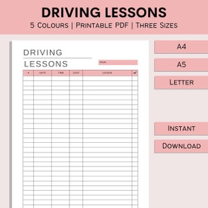 Rijlessen Tracker | Rijbewijs Voortgang | Afdrukbare Driving Prep | Leringslog | Rijtest voorbereiding | PDF-| A4 | A5 | Brief
