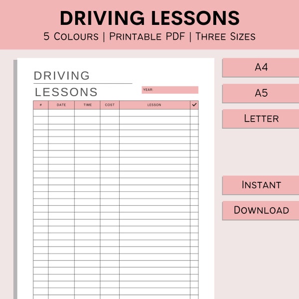 Driving Lessons Tracker | Driving License Progress | Printable Driving Prep | Lesson Learnt Log | Driving Test Prep | PDF | A4 | A5 | Letter