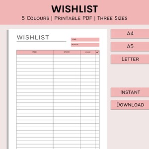 Wunschliste, druckbare Wunschliste, Weihnachtsgeschenkliste, Geburtstagsgeschenke, Geschenke für mich, Feiertagswunschliste, PDF, A4, A5, Letter
