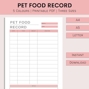 Pet Food Record | Afdrukbare voedselgevoeligheidstest | Cat Food Tracker | Pet Wellness Grafiek | Hondenvoer Log | PDF-| A4 | A5 | Brief