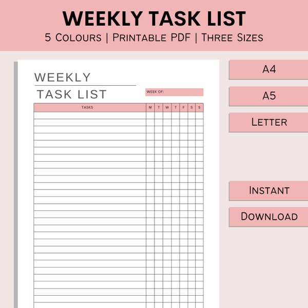 Weekly Task List | Printable Daily Checklist | Day To Day Tasks | Task Checklist | Weekly Habits | To Do Chart | PDF | A4 | A5 | Letter