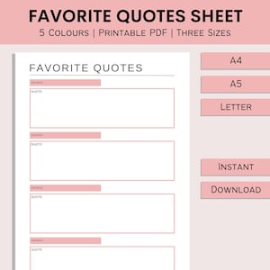 Hoja de citas favoritas / Libro de película Citas imprimibles de películas / Book Lover Tracker / Citas motivacionales / Inspirador / PDF / A4 / A5 / Carta