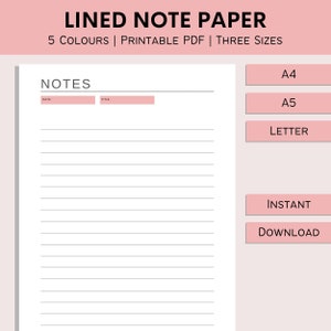 Lined Note Paper | Printable Note Pages | Notes Planner Insert | Print At Home Writing Paper | Planner Pages | PDF | A4 | A5 | Letter