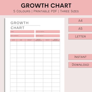 Groeigrafiek voor kinderen | Afdrukbare hoogte- en gewichtstracker | Kinder maat tafel | | van groeitrackers Hoogte Log | PDF-| A4 | A5 | Brief