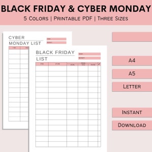 Lista del Black Friday / Rastreador de Cyber Monday imprimible / Registro de compras / Rastreador de artículos de ventas / Ventas del Black Friday / PDF / A4 / A5 / Carta