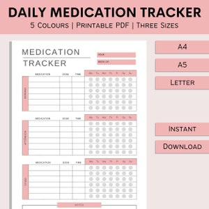 Rastreador de medicamentos imprimible / Registro diario de medicamentos / Lista de plantillas médicas / Rastreador de recetas / Tabla de medicamentos / PDF / A4 / A5 / Carta