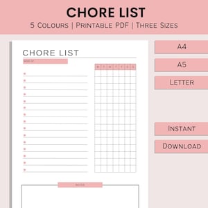 Op de afbeelding: Printbare takenlijst sjabloon met een wekelijkse checklist, een dagelijks raster en een notitiegedeelte. De sjabloon is beschikbaar in drie formaten: A4, A5 en Letter.