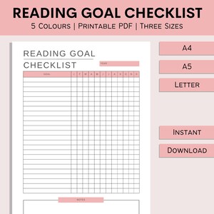 Lista de verificación de objetivos de lectura / Planificador de lectura imprimible / Libros para leer / Diario de lectura de libros / Rastreador de lectura anual / PDF / A4 / A5 / Carta