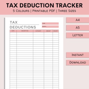 Tax Deduction Tracker | Printable Tax Sheet | Business Decduction Log | Online Tax Form | Financial Plan | Record | PDF | A4 | A5 | Letter