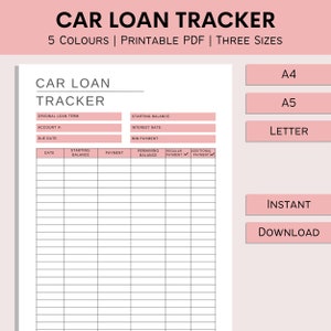 Rastreador de pagos de préstamos de automóviles / Rastreador de pago de deudas automáticas / Bola de nieve de deuda imprimible / Registro financiero / Planificador de dinero / PDF / A4 / A5 / Carta