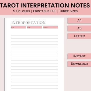 Puede incluir: Plantilla de notas de interpretación de tarot imprimible en rosa y blanco con el texto "TAROT INTERPRETATION NOTES" en la parte superior y "INTERPRETATION" en una fuente más grande debajo. La plantilla tiene secciones para "DATE", "DECK" y "SPREAD". La plantilla está disponible en tres tamaños: A4, A5 y Letter.