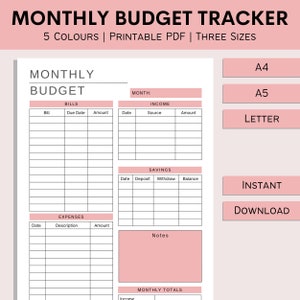 Monthly Budget Plan | Printable Finance Tracker | Expense Log | Budget Sheet | Print At Home Budget Planner | PDF | A4 | A5 | Letter