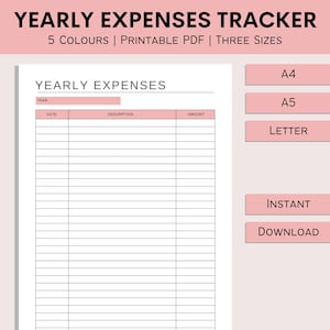 Yearly Expenses Tracker | Printable Spending Log | Transaction Record | Financial Planner | Purchase Organizer | PDF | A4 | A5 | Letter