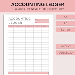 Printable Accounting Ledger | Bookkeeping Template | Small Business Accounting | Credit And Debit Log Book | PDF | A4 | A5 | Letter