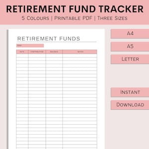 Può includere: Un tracker stampabile del fondo pensione con intestazione e accenti rosa. Il documento include sezioni per data, contributo, saldo e note. Il testo recita "RETIREMENT FUND TRACKER" e "5 COLORI | PDF STAMPABILE | TRE TAGLIE". Disponibile nei formati A4, A5 e Letter.