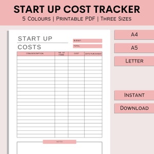 Start Up Costs Tracker | Printable Business Costs | Financial Planner | Supply Costs | Small Business Log | PDF | A4 | A5 | Letter