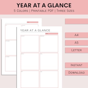 Year At A Glance 2023 | Printable Yearly Overview | Yearly Planner On One Page | Annual Plan | 12 Month Organizer | PDF | A4 | A5 | Letter
