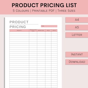 Printable Product Pricing List | Pricing Calculator | Inventory List | Business Costs | Small Business Planner | PDF | A4 | A5 | Letter