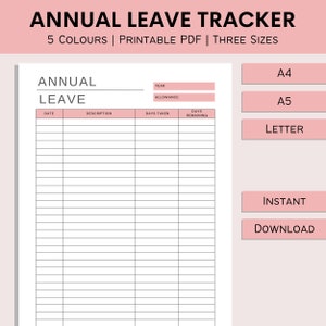 Annual Leave Tracker | Holiday Log | Printable Work Holiday Track | Days Off Tracker | Office Planner | Allowance | PDF | A4 | A5 | Letter