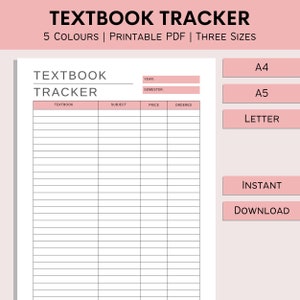 Rastreador de libros de texto / Libros universitarios para comprar / Lista de libros de texto para estudiantes / Planificador escolar imprimible / Pista de libros universitarios / PDF / A4 / A5 / Carta