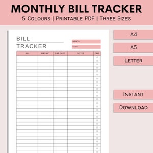 Monthly Bill Tracker | Bill Payment Log | Bill Checklist | Printable Finance Organizer | Utility Tracker | PDF | A4 | A5 | Letter