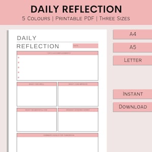 Daily Reflection Summary | Daily Review Sheet | Printable Personal Evaluation | Minimalist Day In Review | PDF | A4 | A5 | Letter