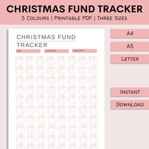 May include: Printable Christmas fund tracker with a grid of 100 gift boxes. The tracker has sections for goal, start date, and finish date. The printable is available in three sizes: A4, A5, and Letter.