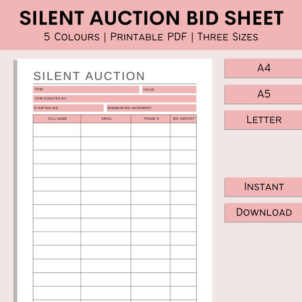 Silent Auction Bid Sheet | Auction Template Form | Fundraiser Ideas | Printable Bid Sheet | Charity Fundraiser | PDF | A4 | A5 | Letter